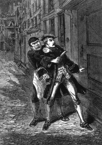 Scene from 'Sweeney Todd' c1880. Sweeney Todd's barber shop was a death trap for unwary customers in need of a shave. With the cry "Down you go!", his barber's chair would swing into the floor - sending his victims crashing to the cellar below. His partner in crime, Mrs Lovett, then turned their bodies into meat pies. Scene from 'Sweeney Todd, the Demon Barber of Fleet Street', possibly by Charlton Lea.