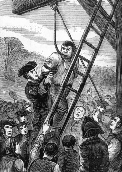 Sweeney Todd at the scaffold, c1880. Sweeney Todd's barber shop was a death trap for unwary customers in need of a shave. With the cry "Down you go!", his barber's chair would swing into the floor - sending his victims crashing to the cellar below. His partner in crime, Mrs Lovett, then turned their bodies into meat pies. Here Sweeney Todd is being hanged for his crimes. Scene from 'Sweeney Todd, the Demon Barber of Fleet Street', possibly by Charlton Lea.