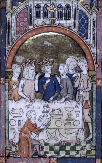King Arthur's Feast, early 14th century (1300-1315?) King Arthur and Queen Guinevere at a banquet, with a servant kneeling in front of the table cutting bread. Above is a Gothic arch. From La Queste del Saint Graal (Romance of the Saint Graal, or Romance of the Holy Grail).