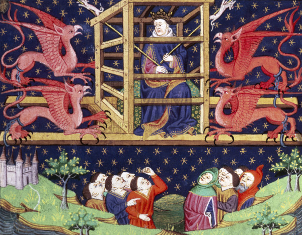 Alexander the Great, in a cage, being carried aloft by griffins, mid 15th century. Legendary scene. Wishing to see the world, Alexander harnessed two large griffins between which he was seated. He would hold meat skewers above their heads to entice them to keep flying further up.