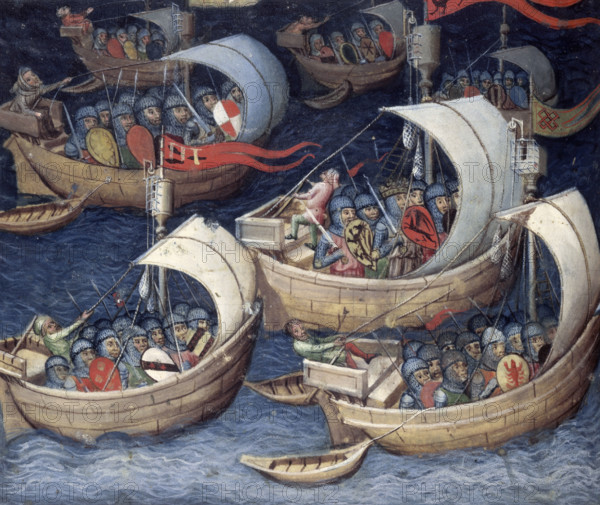 The Greek fleet at sea, second siege of Troy, 15th century. From "Les Livres des Histoires du commencement du monde: a universal history in French from the time of Laius of Thebes to BC 60."