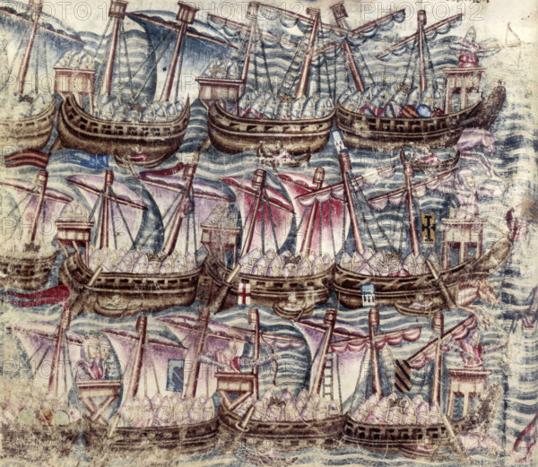 A Greek fleet, 15th Century. From "Les Livres des Histoires du commencement du monde", a universal history in French from the time of Laius of Thebes to 60 BC.