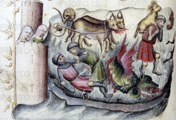 Jason capturing the Golden Fleece, 15th century. Two women watching from a castle; the two fire-breathing bulls yoked to the plough; Jason slaying his rival; the dragon guarding the Golden Fleece has been slain; Jason carries off the Golden Fleece. From "Les Livres des Histoires du commencement du monde: a universal history in French from the time of Laius of Thebes to BC 60".