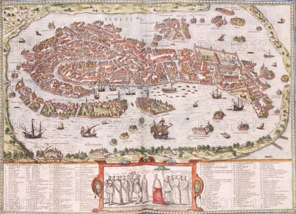 Medieval map of Venice, Italy, c1580. Venetia. Aerial view of the lagoon, islands, and city, showing the Doge's Palace, St Mark's Basilica and the Grand Canal. Below is a procession: the Doge (Il Serenissimo), under a parasol, accompanied by officials and secretaries, two of whom carry his throne.