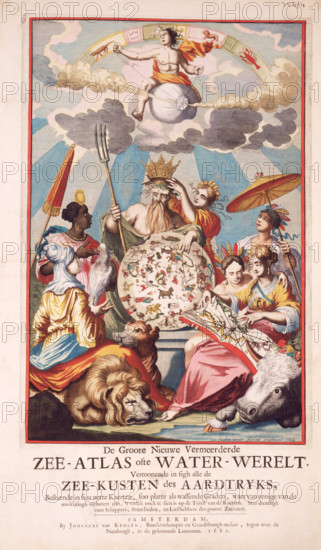 Title page from van Keulen's Chart Atlas, 1682. 'De Groote Nieuwe Vermeerderde Zee-Atlas ofte Water-Werelt. Verstoonende in sigh alle de Zee-Kusten des Aardtryks...'. King Neptune, being crowned, holds a pair of dividers over a celestial globe. Another allegorical figure studies a book of maps. They are surrounded by animals and people from around the world. The van Keulen atlas first appeared in 1681, and grew in successive editions to eventually comprise almost 400 charts covering all the oceans and seas of the known world.