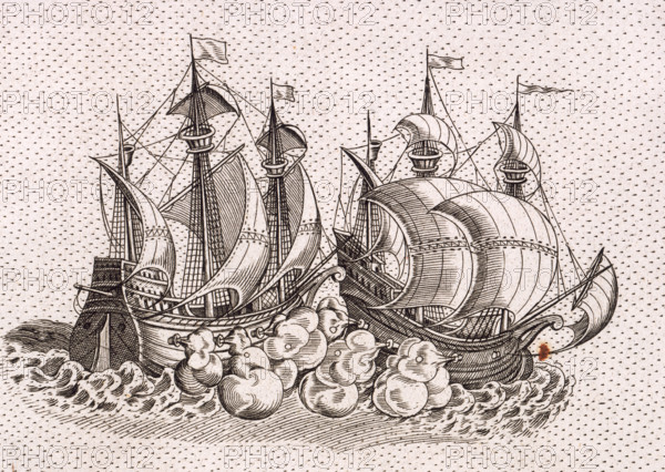 Two warships firing at each other, 1583. A pair of galleons fire broadsides at each other at close quarters. A detail from Christopher Saxton's wall map of England and Wales.