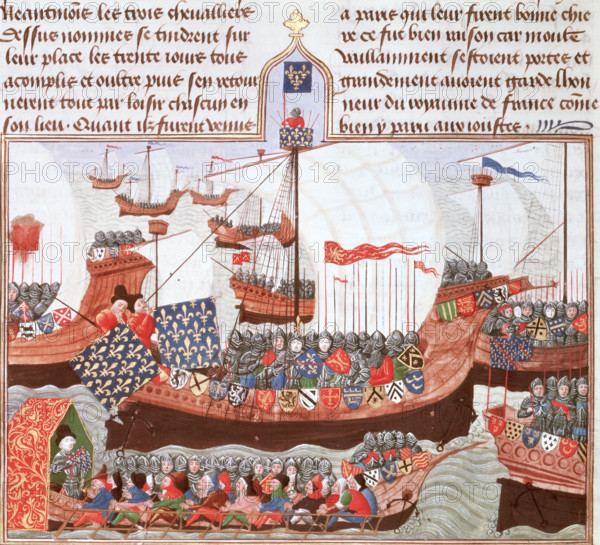 Expedition of the English and the French to Barbary (North Africa), 15th century. Thousands of Christian soldiers and pilgrims left the ports of France and Italy for Antioch, Tripoli or Acre, and this traffic brought a fortune to shipowners, stimulating Mediterranean ship design to move away from the oared galley to the rounder sailing cog with raised decks. From Chroniques, Vol. IV, part 1 (the 'Harley Froissart'). (Froissart's Chronicles).