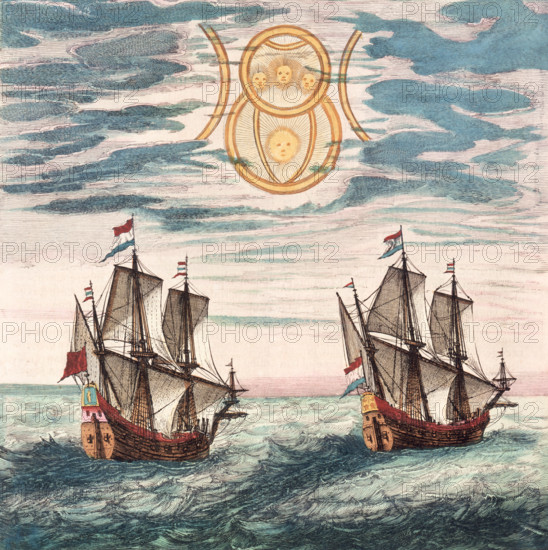 Two Dutch ships at sea, 17th century. The Dutch cartographer Willem Blaeu and his son Joan were amongst the foremost producers of sea charts and atlases in the 17th century. The Netherlands became a major naval and trading power after gaining their independence from Spain in 1579, and this was reflected in their becoming the main centre of maritime chart production as well. From the Blaeu Atlas.