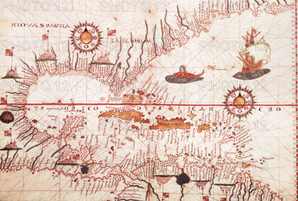 Map of the Caribbean, c1578. Showing 'Niova Spagna' ie New Spain - land conquered by the Spaniards: Hispaniola, Cuba, Florida, and the north coast of South America. A prolific Spanish chartmaker working in Messina, Sicily, Martines produced scores of highly-finished sea atlases between 1550 and 1590. It is clear from the high degree of inland detail shown, that these maps were intended to function as world atlases rather than as strictly navigational charts.