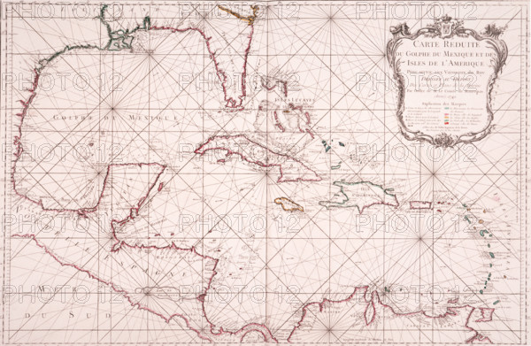 Map of the Gulf of Mexico, 1772. 'Carte Reduite du Golphe du Mexique et des Isles de l'Amerique Pour server aux Vaisseaux do Roy'. (Reduced Map of the Gulf of Mexico and the Islands of America for Use by the King's Vessels). The French had established an official charting programme in the 1680s, a century ahead of the British. Jacques Nicolas Bellin brought French charting to its peak in the years between 1741 and 1772. There are few depth-soundings on this small-scale chart, but the Mexican continental shelf is shown in contour fashion. The Caribbean islands are colour-coded to show their possession by the French, British, Spanish, Dutch or Danish. From Bellin's "Hydrographie Francoise".