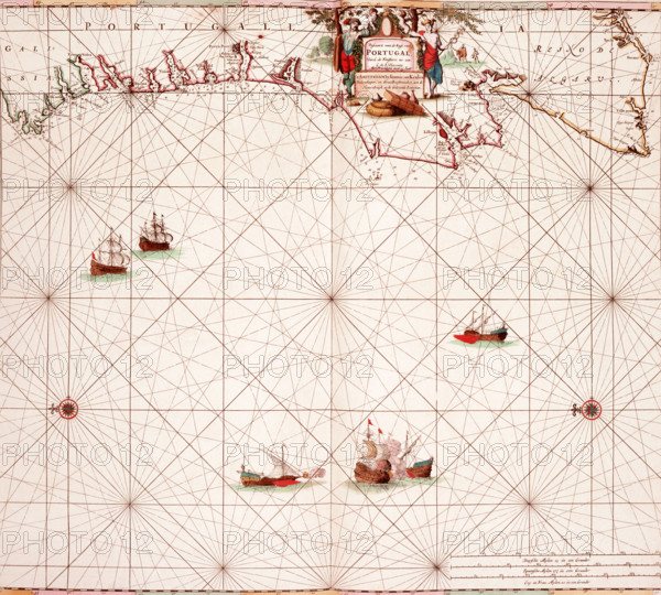 Map of the Atlantic coast of Portugal, 1682. 'Pascaart van de Kust van Portugal, Van C. de Finisterre tot aen C. de S. Vincente'. (Passport of the Coast of Portugal, From C. de Finisterre to C. de S. Vincente). Before the advent of scientific surveying, this Dutch type of coastal chart, which enlarged harbours and river mouths, remained dominant. Equally long-lived was the image of the Turkish ships which made the Mediterranean a place of danger, such as those depicted towards the bottom of the map, engaged in battle with a European vessel. Death or a life of slavery in the Turkish galleys was the fate which overtook thousands of unfortunate seamen. By the late 17th century, the British, French and Dutch were making determined efforts to reduce the power of the Turkish fleet and to clear the sea of corsairs.