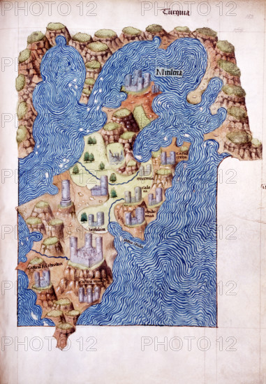 Mitilena (Lesbos), c1485. Mytilene is the capital and port of the Greek island of Lesbos. Buondelmonte's "Book of Islands" first appeared in c1420 and described all the islands in the eastern Mediterranean. Although not strictly sea charts, they must have been used on mariners' maps, and they in turn were used by seafarers. The maps developed a semi-pictorial style, showing mountains, rivers, forests, castles and harbours. Buondelmonte was a Florentine who lived for many years in Rhodes, gathering information from mariners.