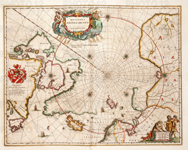 Map of the Arctic, 1662. 'Regiones sub Polo Arctico'. Despite their forbidding nature, the arctic regions constantly attracted European mariners. The great lure was the prospect of discovering new routes to the east to outflank the Spanish. This map defines the eastward and westward limits of knowledge which endured until the 19th century. Novaya Zemlya and Spitzbergen were reached by Barents in 1594-1596, while the discovery between 1610 and 1616 by Baffin and Hudson of the vast bays which bear their names set the stage for the search for a north-west passage to the Pacific.