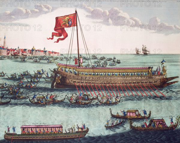 The Venetian Doge's State Galley, 1693. The splendid galley, used by the ruler of Venice, is pictured surrounded by other craft, including a swarm of gondolas. At bottom right are the gondolas of the Papal Nuncio and the French Ambassador. From Mortier's sea atlas.