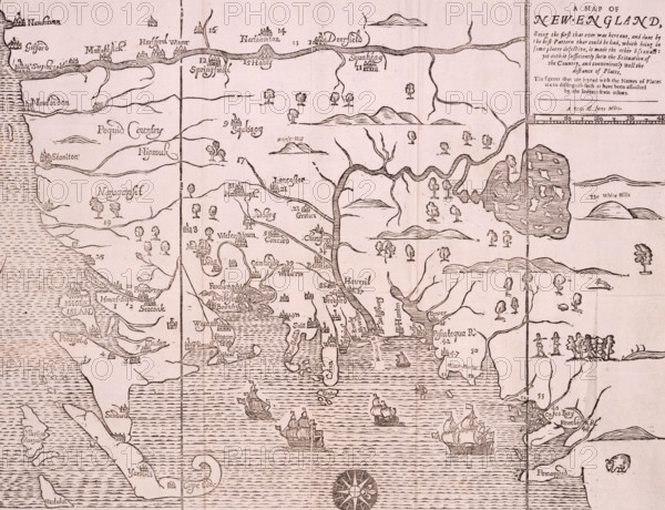 Map of New England, 1677. Self-proclaimed as the first map ever printed in America. 'Being the first that ever was here cut [ie engraved], and done by the best Pattern that could be had, which being in some places defective, it made the other less exact; yet doth it sufficiently shew the Scituation of the Country, and conveniently well the distance of Places. The figures that are joined with the Names of Places are to distinguish such as have been assaulted by the Indians from others'. From " A Narrative of the Trouble with the Indians in New England, from the first planting thereof in the year 1607 to...1677. But chiefly... in...1675 and 1676. To which is added a Discourse about the Warre with the Pequods in the year 1637". (Boston, 1677).