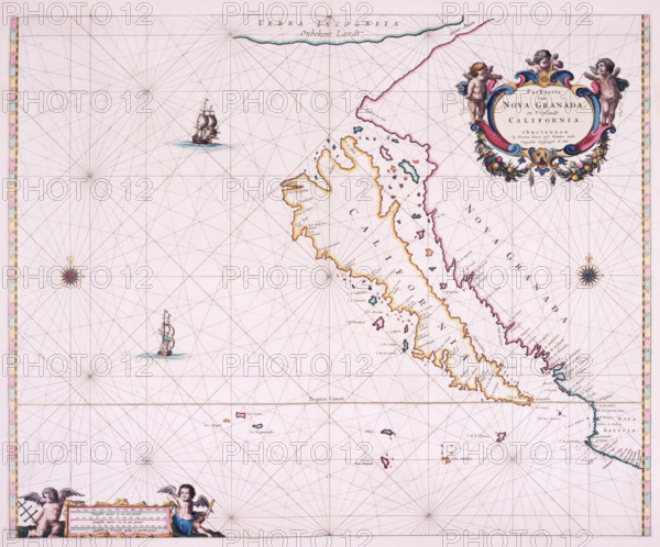 Map of California, 1666. 'Paskaerte Van Nova Granada en t'Eylandt California'. New Granada and the island of California. This map is possibly the most famous error in the history of charting. From the earliest Spanish explorers of the 1530s California was known to be a peninsula. However, a confused account of a later voyage was seized upon by an English map publisher in 1625, who proclaimed that California was 'found to be a goodly island'. This fable was established among mapmakers for almost a century.