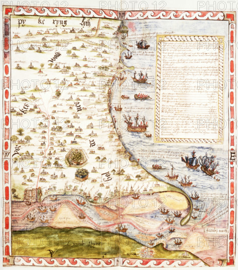 Map of the River Humber and land between Hull and Scarborough, 1579. Coloured manuscript plan of the River Humber and North Sea coast from Hull to Scarborough, with marginal notes by Lord Burghley. With particulars of the tides and a list of 'havens and Crickes on ye Northsyde of Humbre, pertening to ye Custom howse of Hull'. From Lord Burghley's Atlas.