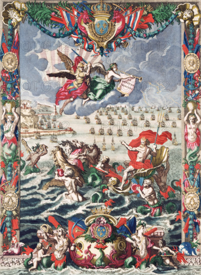 Frontispiece of Mortier's "Neptune François", 1693. Pieter Mortier was a Dutch publisher of French descent who produced atlases of marine charts in Amsterdam in the late 17th and early 18th centuries. From "Le Neptune françois ou Atlas Nouveau des Cartes Marinesà l'usage des armées du roy de la Grande Bretagne" (The French Neptune or New Atlas of Marine Charts for the use of the armies of the King of Great Britain).