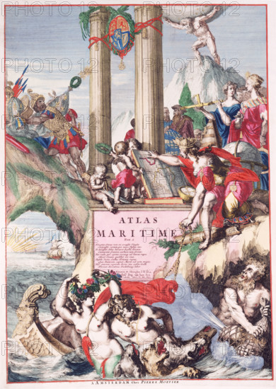 Title page of a maritime atlas, c1693-c1694. This is from volume II of the "Atlas Maritime", published in Amsterdam by Mortier. The atlas contained charts produced by Romein de Hooghe, widely regarded as one of the finest Dutch map artists.