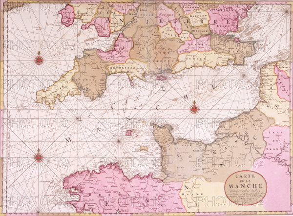 Map of the English Channel, 1693. 'Carte de la Manche'. During the reign of Louis XIV, the French initiated a state-sponsored programme to map France and its coastal waters, and by the 1690s they possessed the most accurate charts in Europe. They were tied to precise topographical surveys, were astronomically fixed, and showed an unorecedented amount of hydrographic data. The first great collection of French charts, "Le Neptune Francois", was published in Paris in 1693 under royal privilege by Charles Pene, but it was immediately pirated by the Amsterdam publisher Pieter Mortier, as seen here.