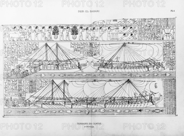 Egyptian ships, c1500 BC. These pictures, redrawn from stone reliefs on the tomb of Hatshepsut at Deir-el-Bahri, depict an Egyptian trading voyage to the land of 'Punt', possibly Ethiopia.The ships are clearly seagoing vessels, larger than the Nile felucca. On the left, sails are shown furled at the harbourside, while on the right the huge sails are being used as well as the oars. The hieroglyphic text describes the cargo, consisting of ebony, ivory, gold and a live panther.