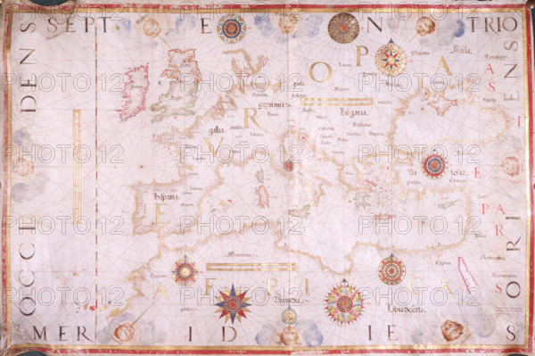 Map of Europe, 1570. The traditional portolan chart - the large, single-sheet, hand-drawn map of the Mediterranean region - still flourished a full century after the advent of map printing. It marked latitude but not longitude, was almost always drawn at a scale of 1:6 million, and lacked any interest in northern Europe. In this example, Britain and Scandinavia are inaccurately mapped, and the Baltic fades into a blank emptiness.