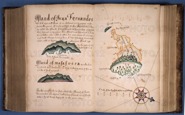 William Hack's atlas of the South Sea of America, c1682-c1700. William Hack's "Wagoner of the Great South Sea" was an atlas of the west coast of America. This page shows the Island of Juan Fernandez - situated in the south Pacific, about 650 kilometres west of Chile - on which Alexander Selkirk was marooned between 1704 and 1709. His experiences inspired Daniel Defoe to write "Robinson Crusoe", and the island is today also known as 'Robinson Crusoe's Island'.