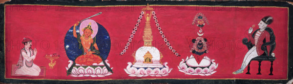 Pandit Amrtananda and Captain Knox with the Bodhisattva Manjushri (representing transcendent wisdom) and auspicious symbols, 1803. Wooden back cover of the Lalitavistara, an anonymous compilation which tells the story of the early life of the Buddha. The text was inscribed in Patan, Nepal, by the Buddhist Pandit Amrtananda for Captain W.D. Knox, the patron of the manuscript, who is described as someone whose "liberality and other virtues surpassed the Hindu divinities and proved him to be an Avatara of Buddha". Knox, an officer in the army of the East India Company, is portrayed in uniform as an avatar of Buddha. He was the first British resident in Nepal, and is depicted holding a prayer wheel. The title Lalitavistara has been translated as "the play in full".