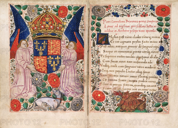 The coat of arms of Henry VII supported by two angels, 1486. 'Laus Angliae'. The royal arms, held by angels, together with the white and red roses of York and Lancaster, and the white greyhound and red dragon of Henry VII. The fleur-de-lys and lions are surmounted by a crown. The border is decorated with stylised representations of flowers and a dragon. From "Petri Carmeliani Brixiensis poete suasoria Leticie ad Angliam pro sublatis bellis ciuilibus et Arthuro principe nato epistola": a Latin elegiac poem dedicated to and in praise of Henry VII. and in celebration of the birth of Prince Arthur in 1486.