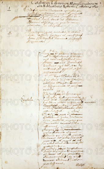 Opening page of the catalogue of manuscripts in Cotton's library, 1621. 'Catalogus Librorum Manuscriptorum in Bibliotheca Roberti Cotton'. The antiquary Robert Cotton assembled possibly the most important collection of manuscripts ever accumulated in Britain by an individual in the late 16th and early 17th centuries. His library became a focus of political as well as scholarly activity.