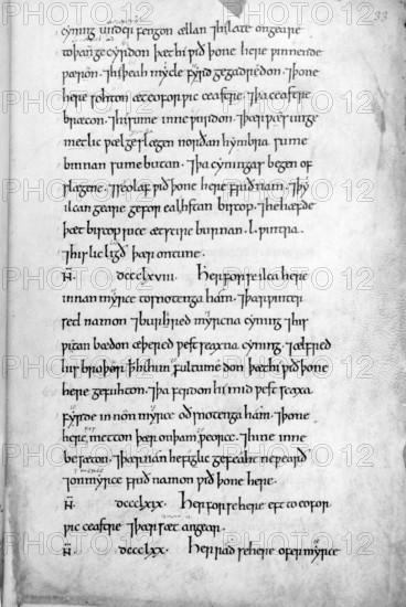 Page from the Anglo-Saxon Chronicle, 11th century. The Chronicle is a collection of manuscripts written in Anglo-Saxon which give an account of English history from the beginning of the conversion to Christianity up until 1154. This page recounts Aethelred and Alfred's defeat of the Danes in 871.