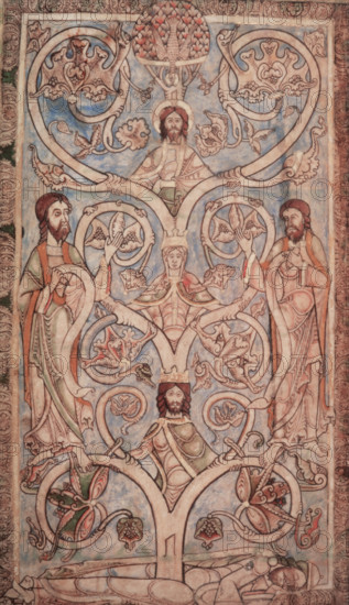 The Tree of Jesse, 1121-1161. The Tree of Jesse is a diagrammatic representation, often found in medieval art, of the genealogy of Jesus Christ. It originates with Jesse, father of King David, who is depicted at the bottom, with the tree springing from his loins. Above him is David, the Virgin Mary, Christ, and at top the Holy Ghost. On either side are prophets holding scrolls. From the Winchester Psalter [Psalter of Henry of Blois; Psalter of St. Swithun], made at Winchester [Priory of St Swithun or Hyde Abbey].