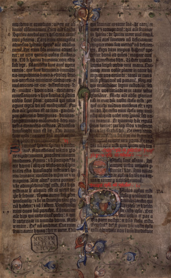A leaf of the first printed Bible, c1455. This, the '42 line Bible', was printed at Mainz, Germany, and features contemporary English illumination.