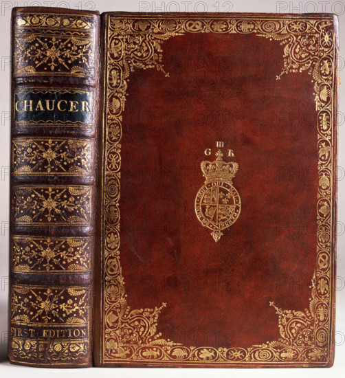 Copy of Caxton's first edition of Chaucer's "The Canterbury Tales", 1476. This book was bound, probably in the late 18th century, for King George III, as can be seen from his coat of arms and initials G R (Georgius Rex) on the front cover. George III was an avid collector of books, spending some £2000 a year on his library.