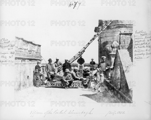 Picket officers at the Alambagh, Lucknow, during the Indian Mutiny, 1858. The siege of Lucknow was one of the major engagements of the uprising against British rule in India which began in 1857. The mutiny had many underlying causes, but was sparked by the introduction of cartridges which were greased with animal fat. This outraged both Muslim and Hindu soldiers, who made up the majority of the Indian army at the time. The uprising was defeated, but led to the administration of India passing from the East India Company to the British Crown. The Alambagh was a large house with a walled enclosure south of the besieged city.