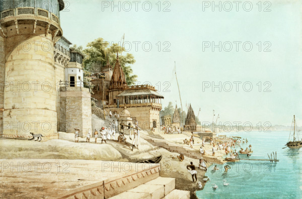 View of the Benares ghats, 1825. Benares (Varanasi) is a major place of pilgrimage for Hindus, Jains, Sikhs, and Buddhists alike. The city has 3 miles of ghats (steps) along the banks of the Ganges, from which Hindus bathe in the sacred river. In addition there are burning ghats, from which the ashes of the cremated are scattered over the water. Benares contains a remarkable total of 1500 temples.