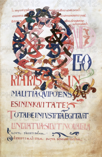 Page from the Bosworth Psalter, c980 CE. Psalm 51, beginning with initial 'Q', decorated with elaborately knotted double-stranded interlace and three-dimensional acanthus leaves. From an Anglo-Saxon psalter of Benedictine use.