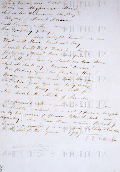 Autograph manuscript of "Kubla Khan", by Samuel Taylor Coleridge, 1797. 'In a Vision once I saw: It was an Abyssinian Maid, And on her dulcimer she play'd, Singing of Mount Amara. Could I revive within me Her symphony and song, To such a deep delight 'twould win me, That with Music loud and long, I would build that Dome in Air, That sunny Dome! those Caves of Ice! And all, who heard should see them there, And all should cry, Beware! Beware! His flashing Eyes, his floating Hair! Weave a circle round him thrice, And close your eyes in holy Dread, For He on Honey-dew hath fed, And drank the Milk of Paradise. This fragment with a good deal more, not recoverable, composed, in a sort of Reverie, brought on by two grains of Opium, taken to check a dysentery, at a Farm House between Porlock and Linton, a quarter of a mile from Culbone Church, in the fall of the year, 1797. - S. T. Coleridge'. This version of Coleridge's poem differs in several respects from that published in 1816.