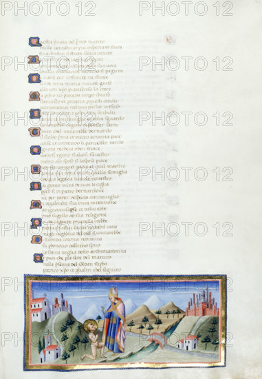 The renunciation of Francis before a bishop, 1444-c1450. The naked saint kneels before a bishop. Manuscript with miniature, Sienese. From Dante's "Divina Commedia".