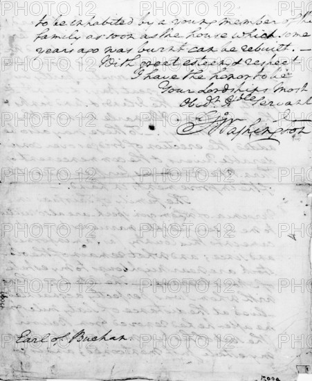 Letter from President George Washington to the Earl of Buchan, 1793. '...to be inhabited by a young member of the family as soon as the house which some years ago was burnt can be rebuilt. - With great esteem & respect I have the honor to be your Lordships most Obed. Hble. Servant, G. Washington'. Washington's letter to the sympathetic Earl of Buchan sets out the policy of the recently independent United States 'to be little heard of in world affairs'. It also includes the plan for a new city, which today bears Washington's name.