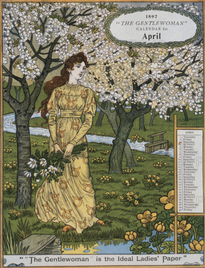 The Gentlewoman Calendar for April 1897. Describing itself as the 'ideal Ladies' paper', "The Gentlewoman" was an illustrated weekly journal published from 1890 until 1926.