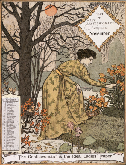 The Gentlewoman Calendar for November 1897. Describing itself as the 'ideal Ladies' paper', "The Gentlewoman" was an illustrated weekly journal published from 1890 until 1926.