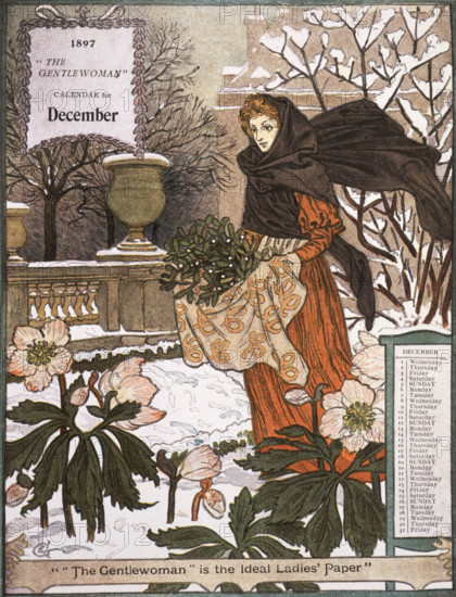 The Gentlewoman Calendar for December 1897. Describing itself as the 'ideal Ladies' paper', "The Gentlewoman" was an illustrated weekly journal published from 1890 until 1926.