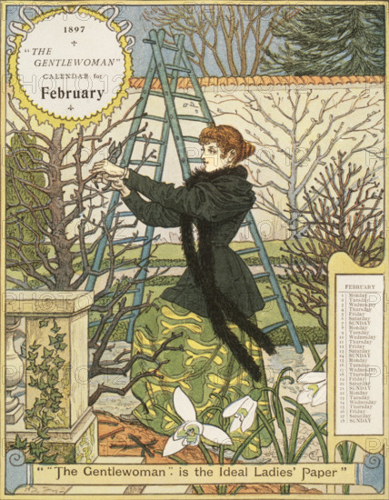 The Gentlewoman Calendar for February 1897. Describing itself as the 'ideal Ladies' paper', "The Gentlewoman" was an illustrated weekly journal published from 1890 until 1926.