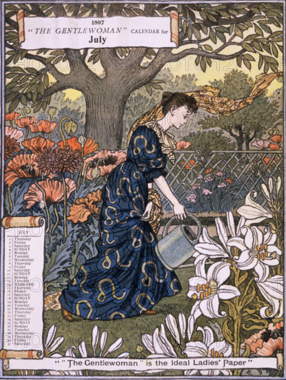 The Gentlewoman Calendar for July 1897. Describing itself as the 'ideal Ladies' paper', "The Gentlewoman" was an illustrated weekly journal published from 1890 until 1926.