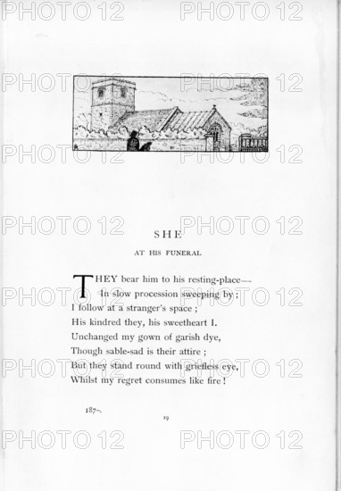 'She at His Funeral', c1898. Poem by Thomas Hardy (1840-1928). "They bear him to his resting place- In slow procession sweeping by ; I follow at a stranger's space ; His kindred they, his sweetheart I. Unchanged my gown of garish dye, Though sable-sad is their attire ; But they stand round with griefless eye, Whilst my regret consumes like fire!" From Hardy's "Wessex Poems and Other Verses". (1898).