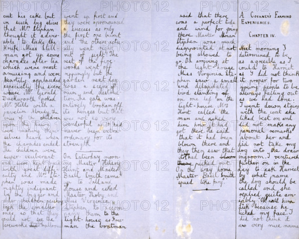 Hyde Park Gate News, family magazine produced by Virginia Woolf and Vanessa Bell, 1891-1892. Page of a magazine by Vanessa Stephen (afterwards Bell, painter) and her sister Adeline Virginia Stephen (afterwards Woolf, novelist). '...cut his cake but in such big slices that Mrs. Stephen thought it advisable to take the knife. Miss Stillman got up some charades after tea which were most amusing and were heartily applauded especially the scene where Mr. Gerald Duckworth poked Mr. Hills with a javelin. Already the cries of the children upon the lawn were making themselves heard when the charades ended. The children were super-exuberant...On Saturday morning Master Hilary Hunt and Master Basil Smith came up to Talland House and asked Master Thoby and Miss Virginia Stephen to accompany them to the light-house as Freeman the boatman said that there was a perfect tide and wind for going there. Master Adrian Stephen was much disappointed at not being allowed to go. On arriving at the light-house...