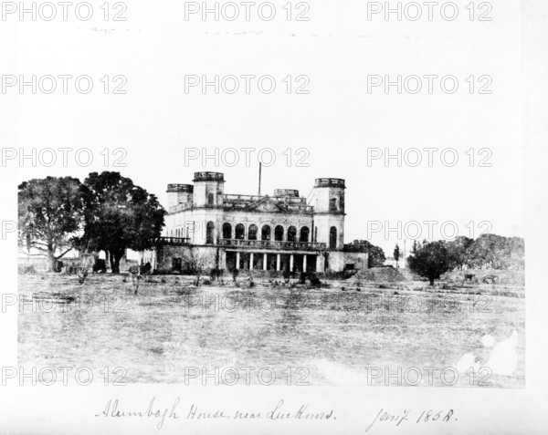 Alumbagh [sic] House, near Lucknow, India, 1858. View of Alambagh House. The Indian Mutiny of 1857-58 was a widespread but unsuccessful rebellion against British rule in India begun by Indian troops (sepoys) in the service of the British East India Company. It began in Meerut and then spread to Delhi, Agra, Cawnpore, and Lucknow.