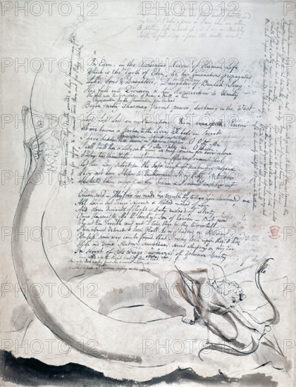 The illustrated poem 'The Four Zoas', by William Blake, c1797. "Vala, or The Four Zoas" is one of the uncompleted prophetic books by the English poet William Blake, begun in 1797. The eponymous main characters of the book are the Four Zoas: (Urthona, Urizen, Luvah and Tharmas), who were created by the fall of Albion in Blake's mythology. 'In Eden; in the Auricular Nerves of Human life...'.
