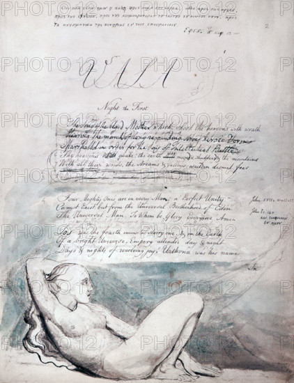 Beginning of the illustrated poem 'The Four Zoas', by William Blake, 1797. "Vala, or The Four Zoas" is one of the uncompleted prophetic books by the English poet William Blake, begun in 1797. The eponymous main characters of the book are the Four Zoas: (Urthona, Urizen, Luvah and Tharmas), who were created by the fall of Albion in Blake's mythology. 'The Song of the Aged Mother which shook the heavens with wrath...'.